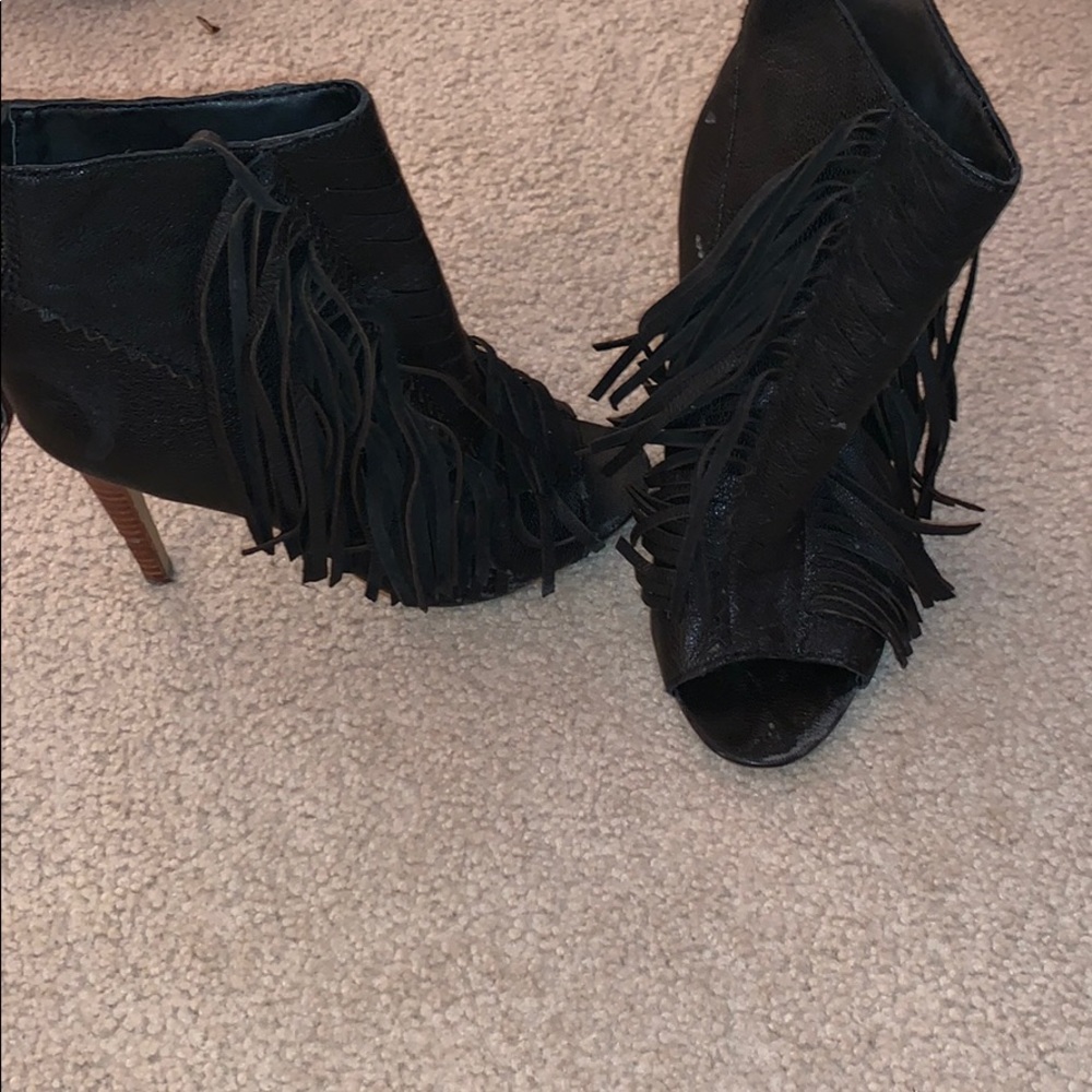 Fringe peep toe booties